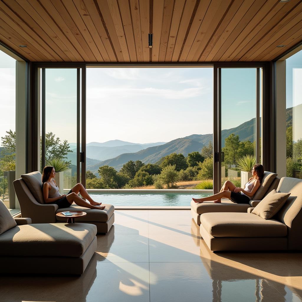 Guests relaxing in the spa relaxation area overlooking the Italian countryside