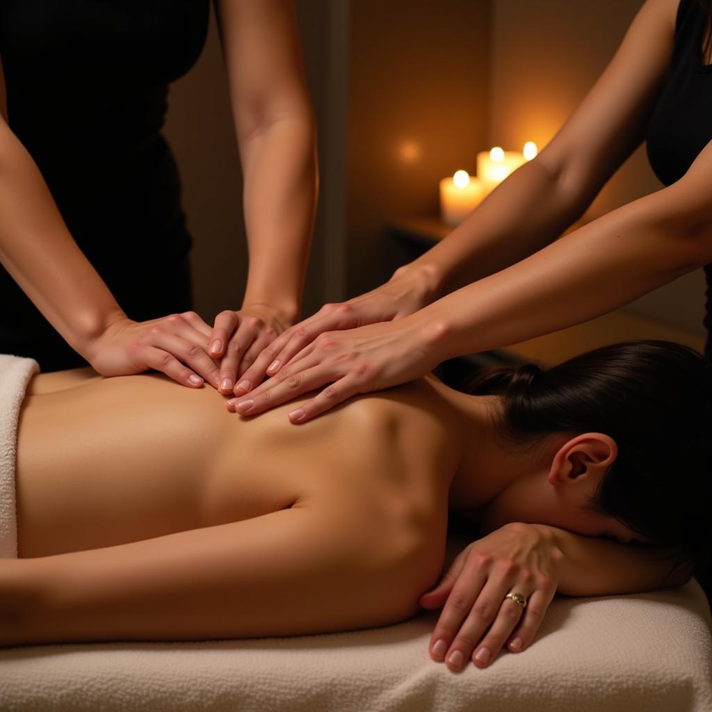 Massage therapist working on client's back in a spa setting