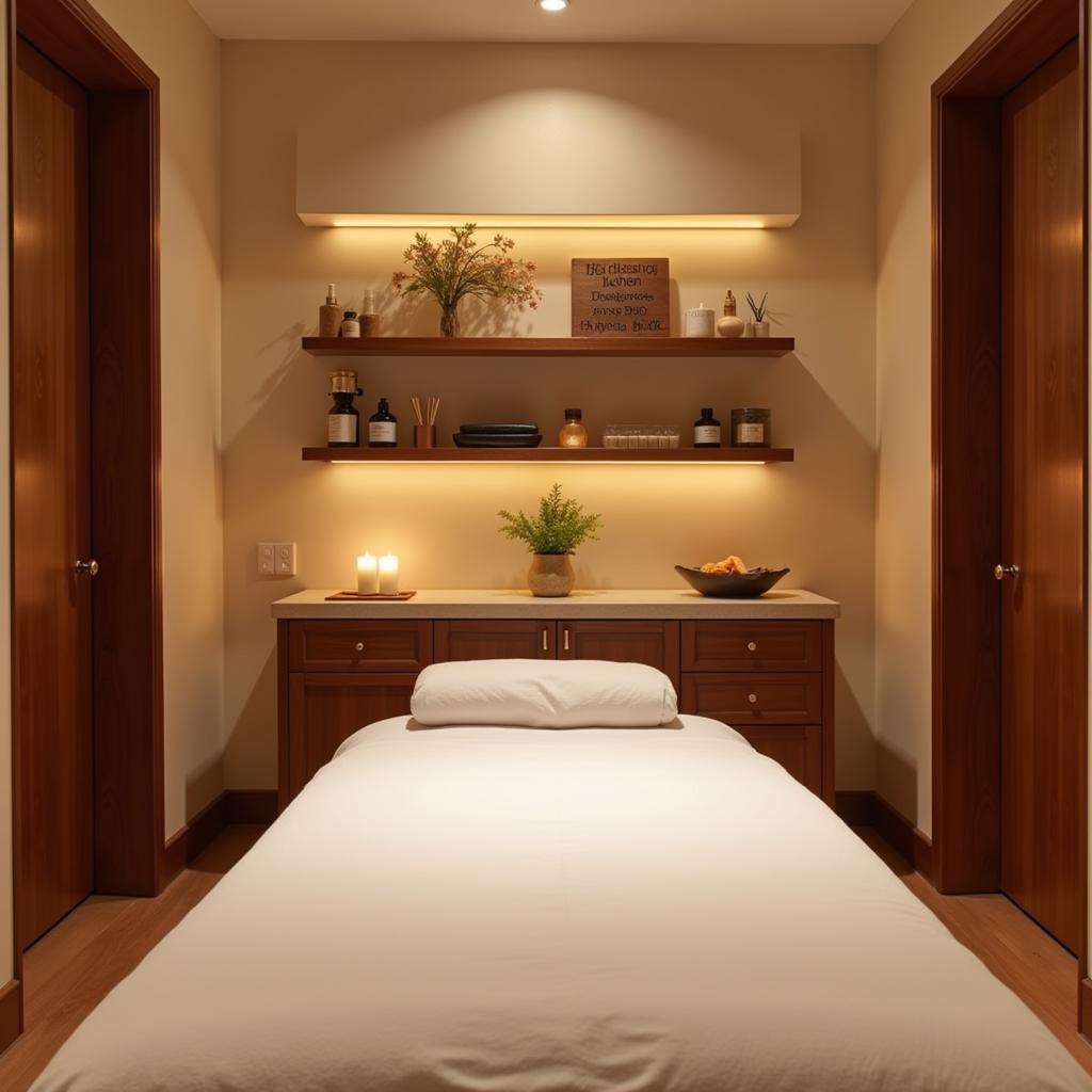 A serene treatment room in a Prakriti Vedic Spa, featuring warm lighting, natural materials, and Ayurvedic products.