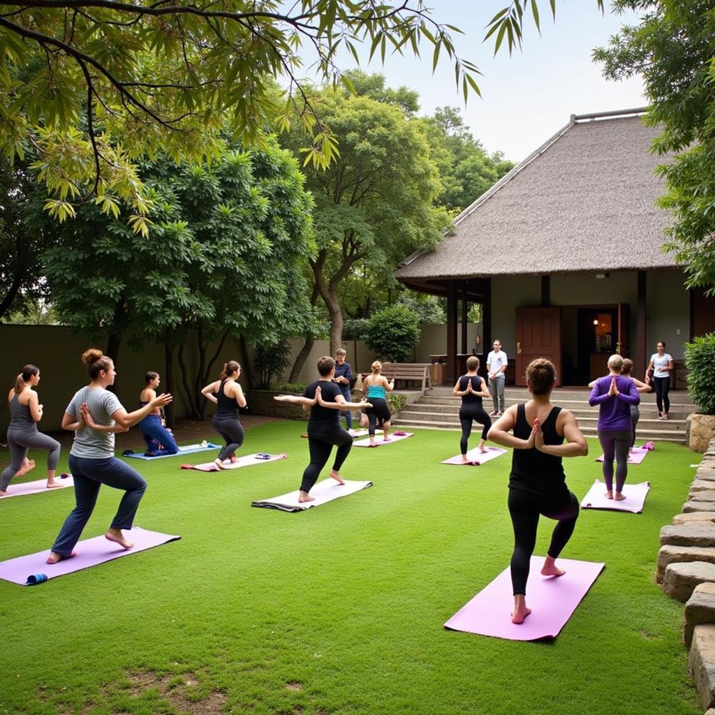 Guests practicing yoga and meditation in the serene gardens of Abad Copper Castle Ayurvedic Spa