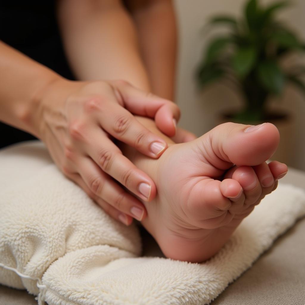 Close-up of a foot reflexology massage at an airport spa