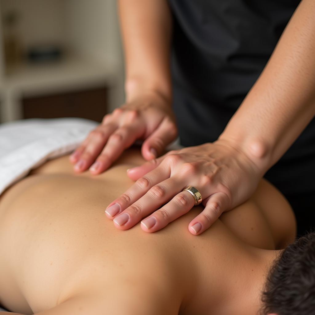 Close-up of hands applying pressure during a Thai massage, highlighting the precise and skilled techniques used.