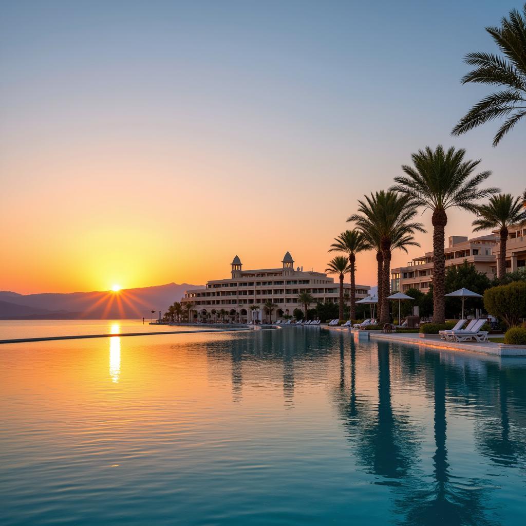 Exterior view of the Dead Sea Marriott Resort & Spa at sunset with the Dead Sea in the background