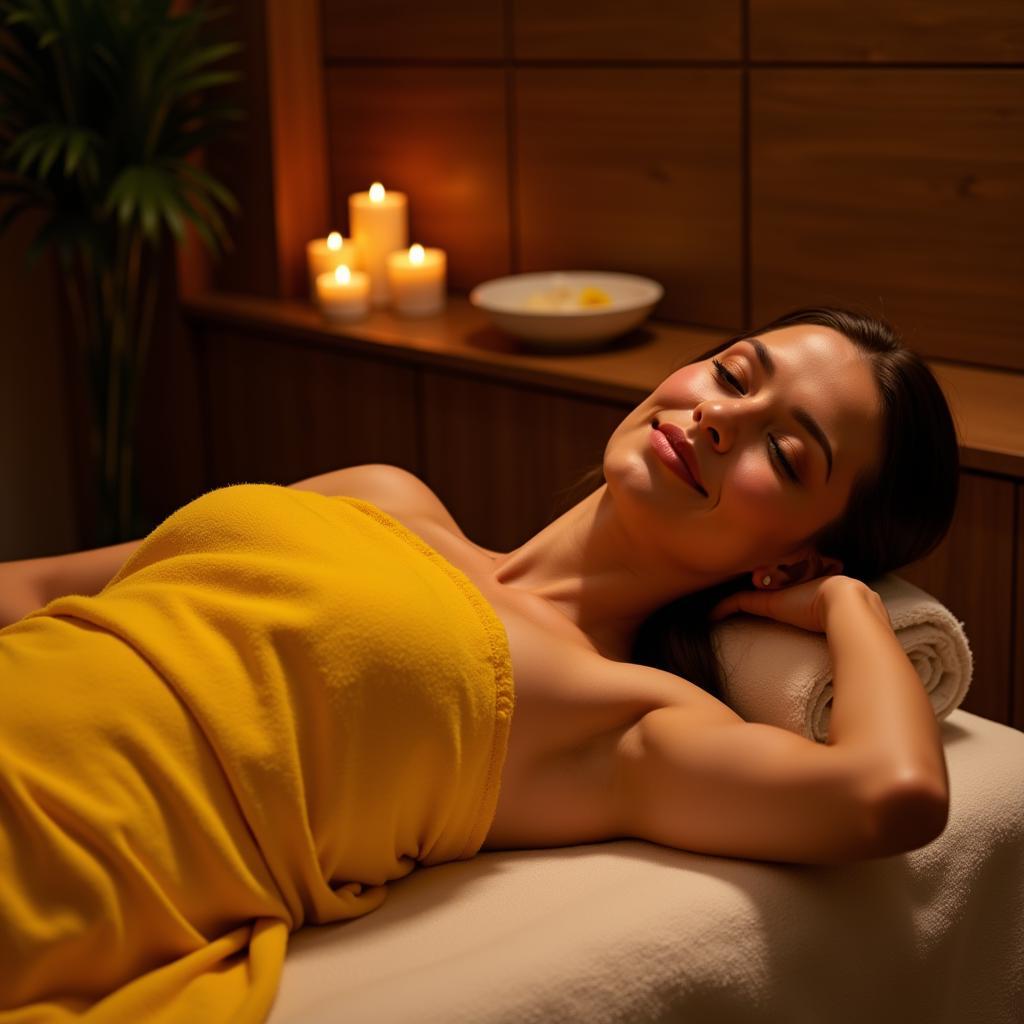 Woman relaxing during a saffron body wrap