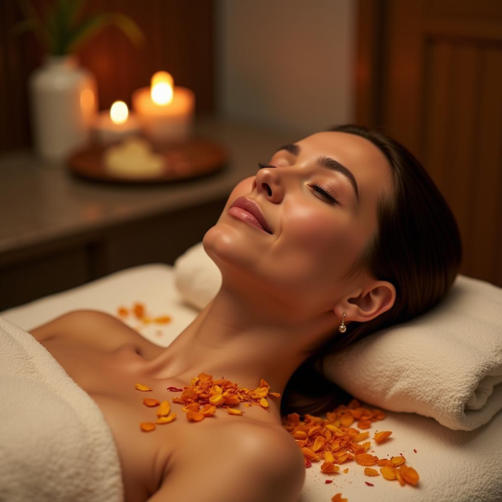 Luxurious saffron spa treatment with a woman relaxing