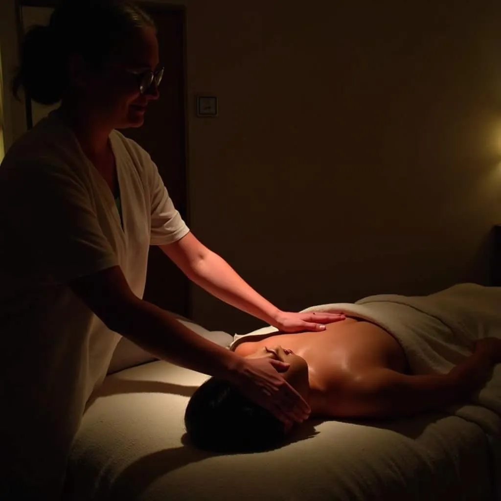 Two therapists performing a synchronized Ayurvedic massage on a client