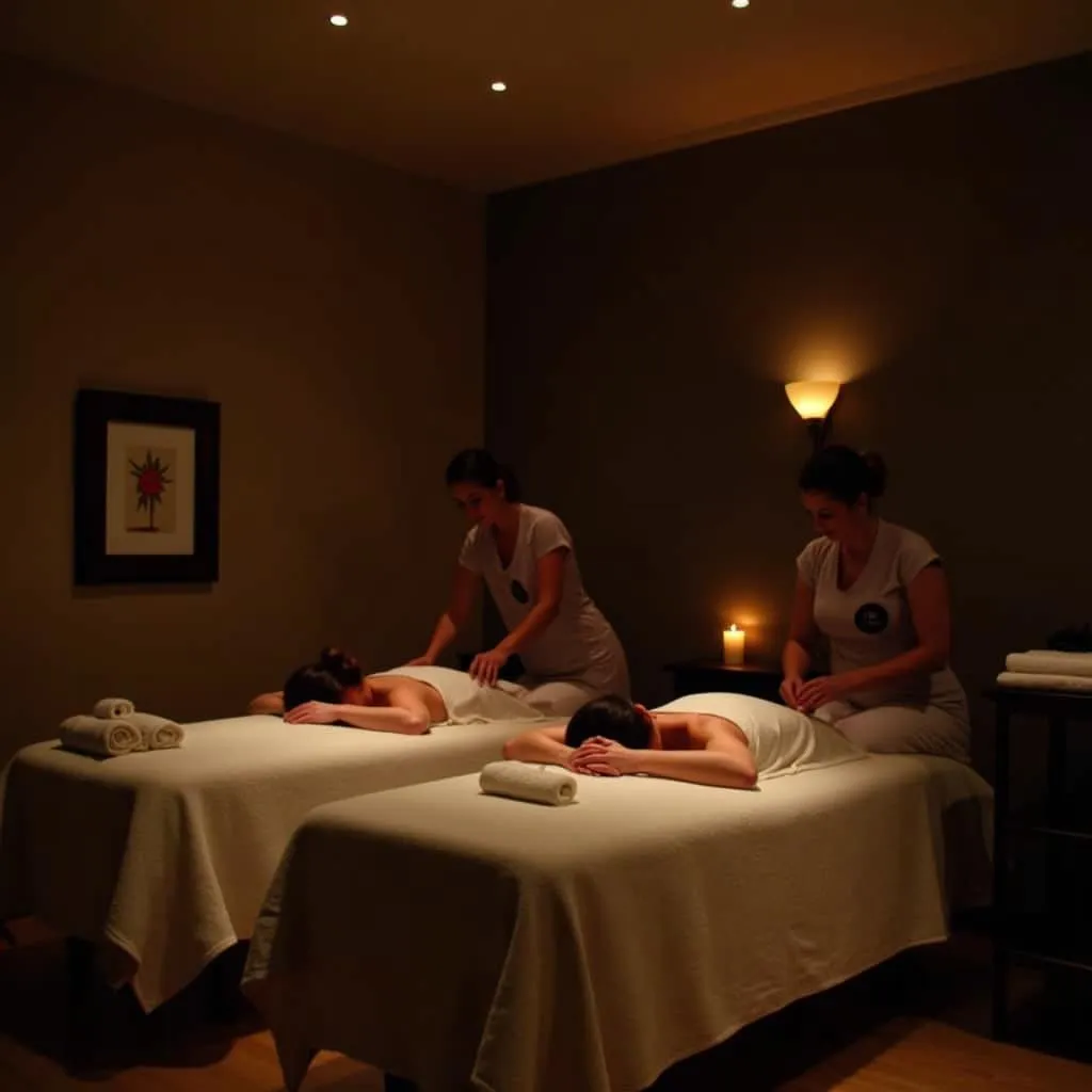 A couple enjoying a relaxing couple's massage at Aarth Family Spa