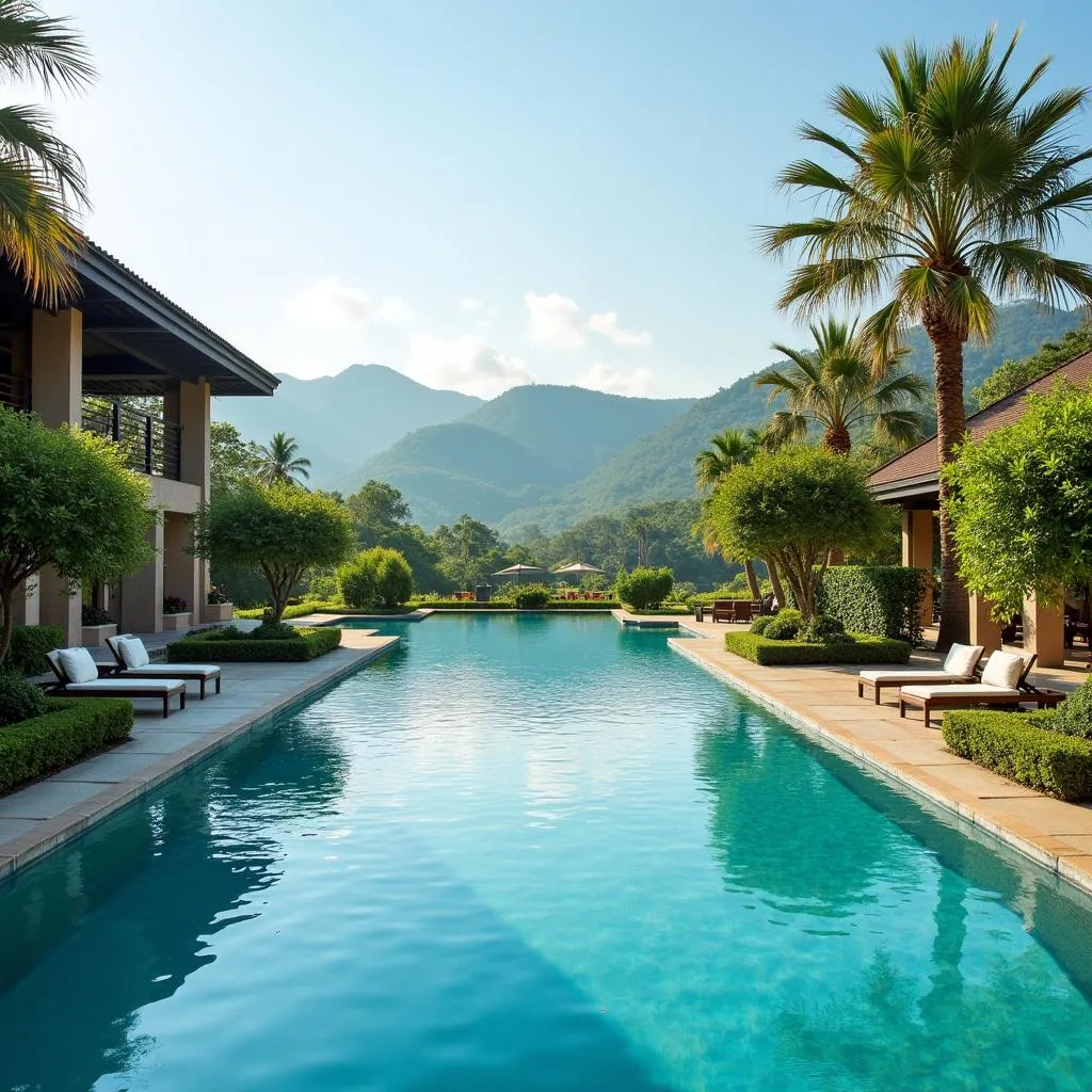 Guests relaxing by the outdoor pool at Alaya Spa Resort with stunning nature views