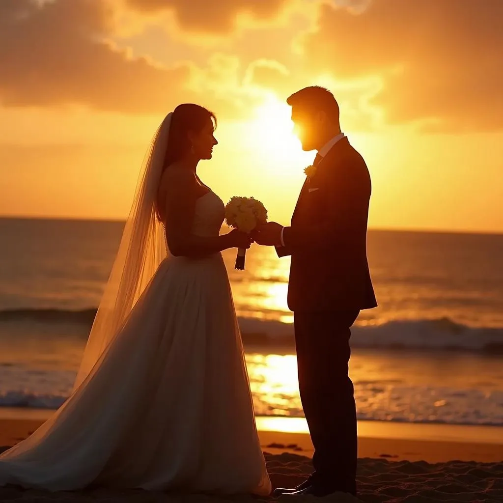 Romantic beachfront wedding ceremony setup at sunset