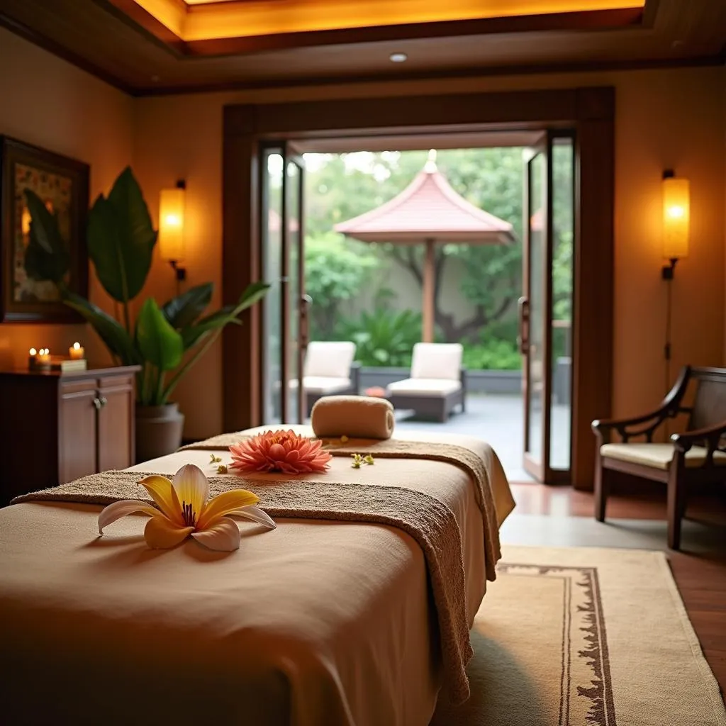 Serene treatment room at Anantara Spa with traditional Thai decor