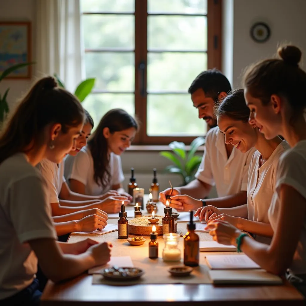 Students practicing aromatherapy techniques in a Bangalore classroom