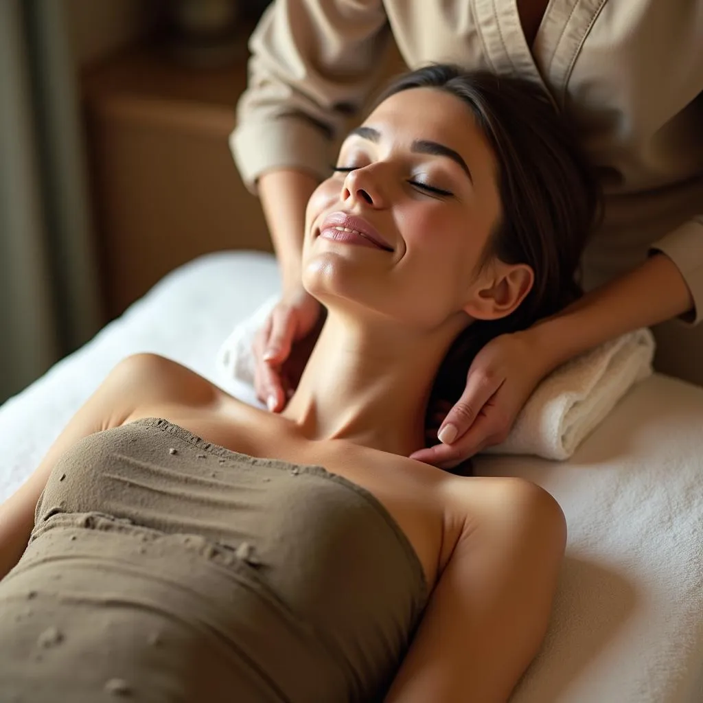 Woman receiving a relaxing body wrap treatment