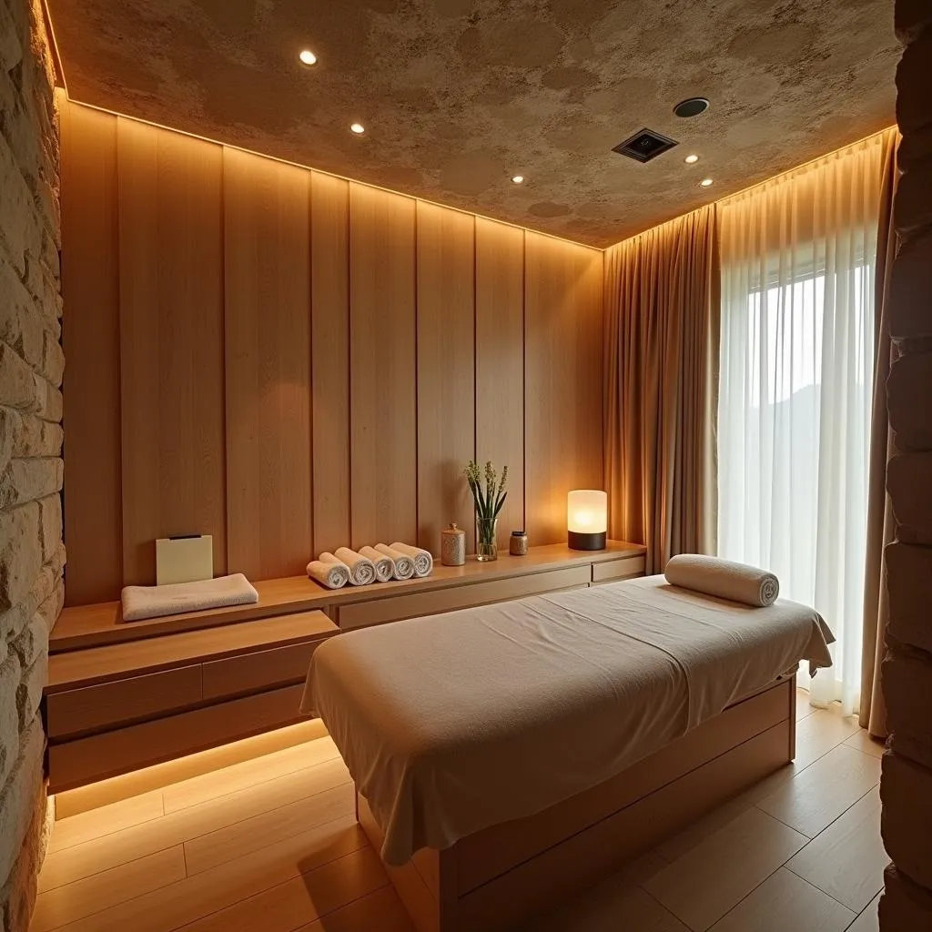 Tranquil spa treatment room with natural elements