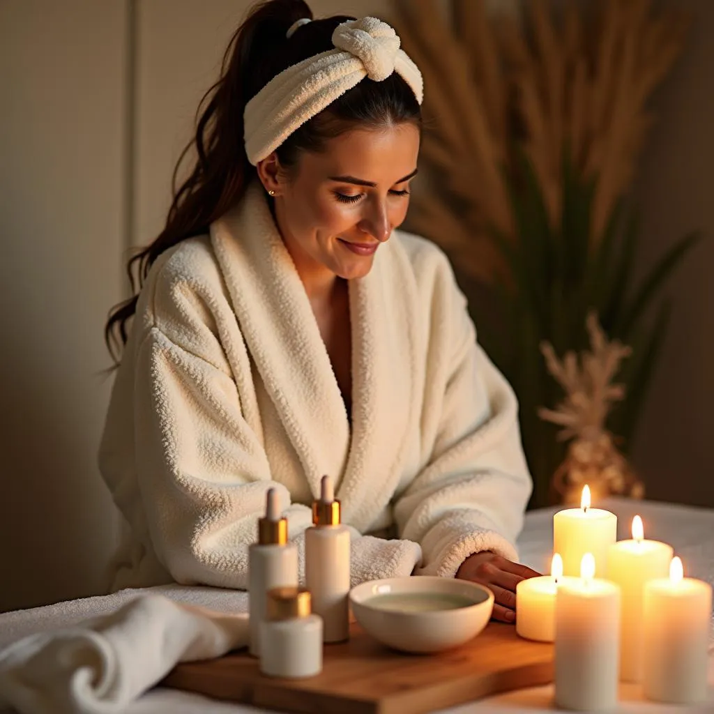 Woman relaxing in a bathrobe with candles and skincare products on a table.