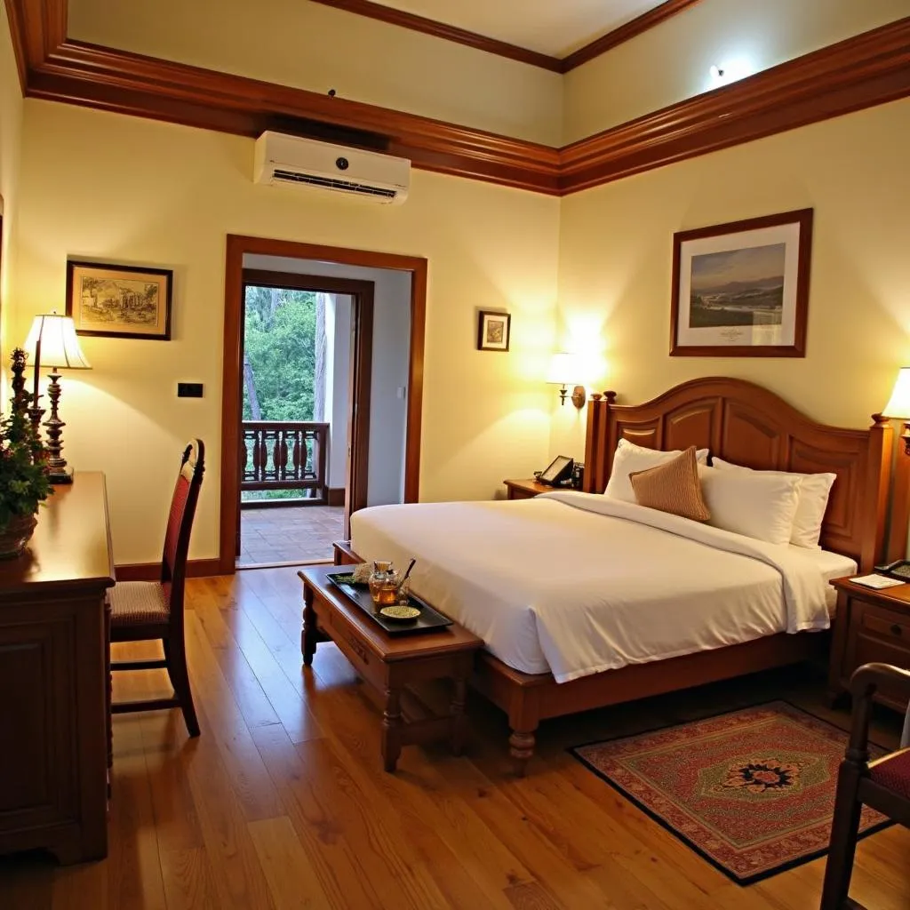 A luxuriously appointed room at Atithi Resort and Spa with traditional Nepali decor.