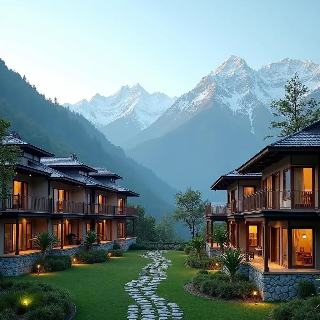 Panoramic view of Atithi Resort and Spa against the backdrop of the Annapurna range.