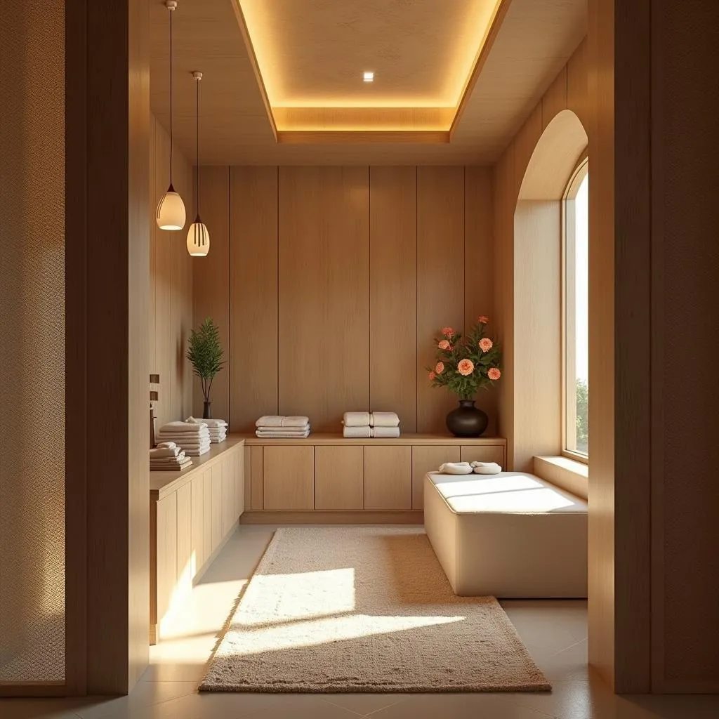 Serene spa interior with warm lighting and calming decor