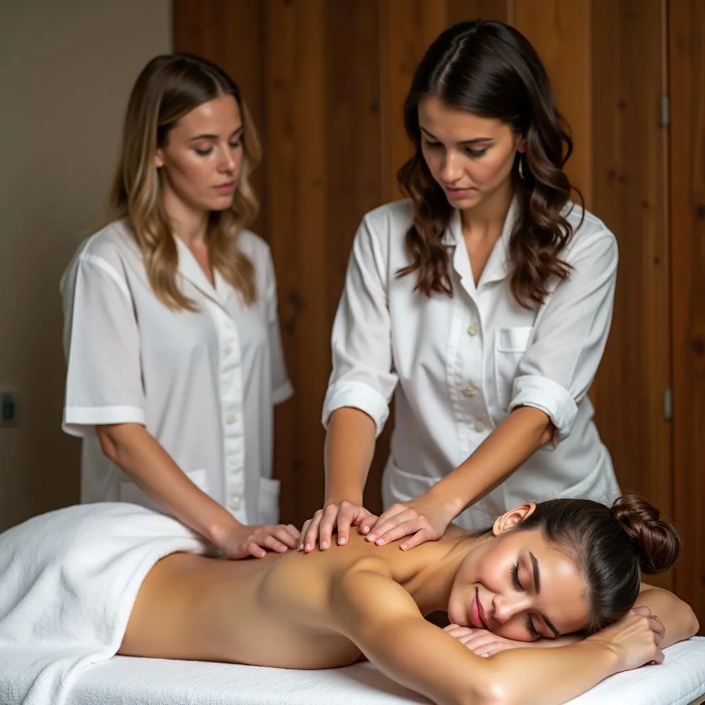 Two therapists performing a synchronized massage on clients