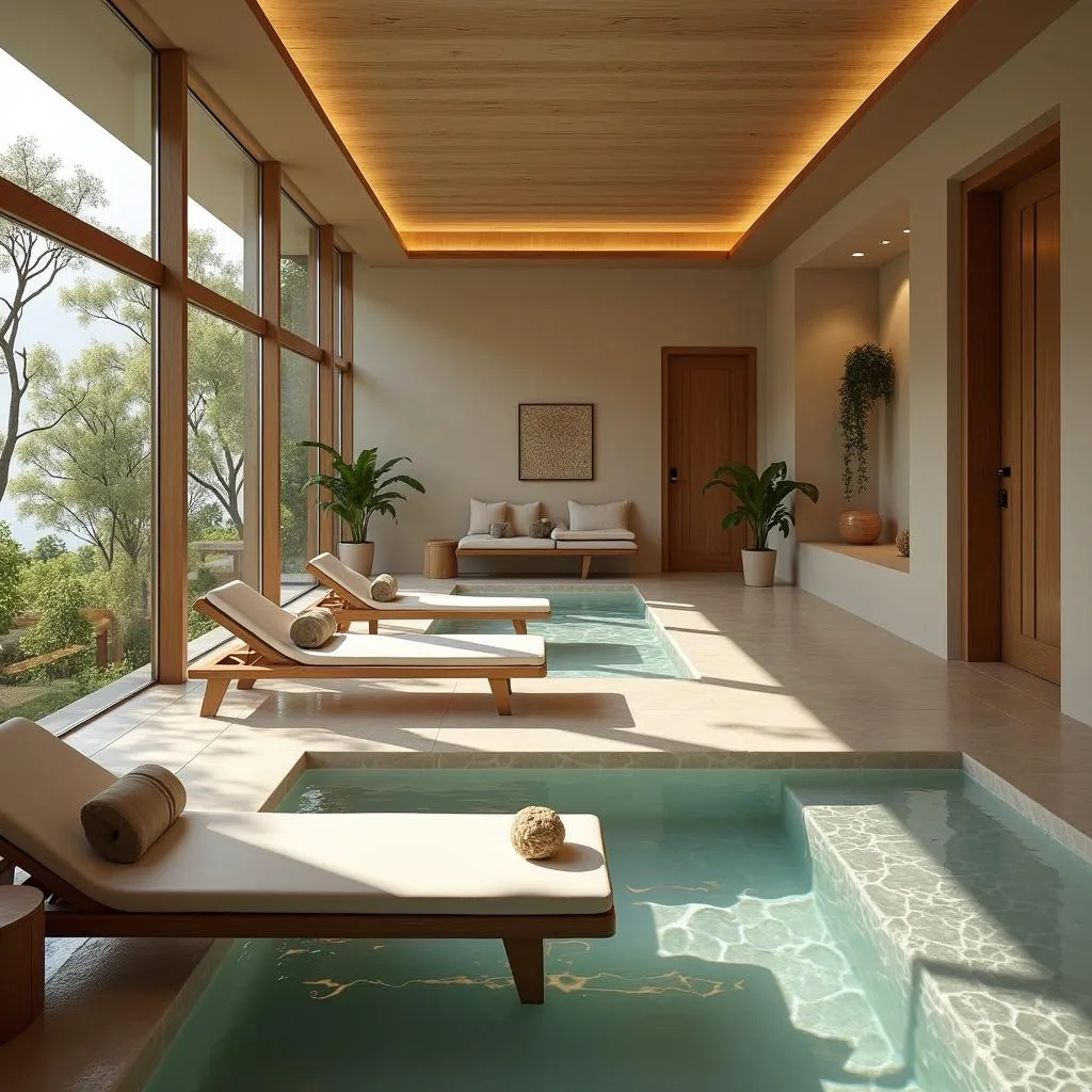 Comfortable lounge area with calming water features and natural light