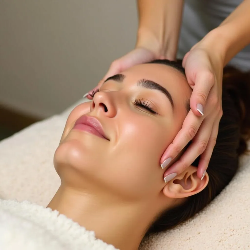 Close-up of a serene woman receiving a luxurious facial treatment