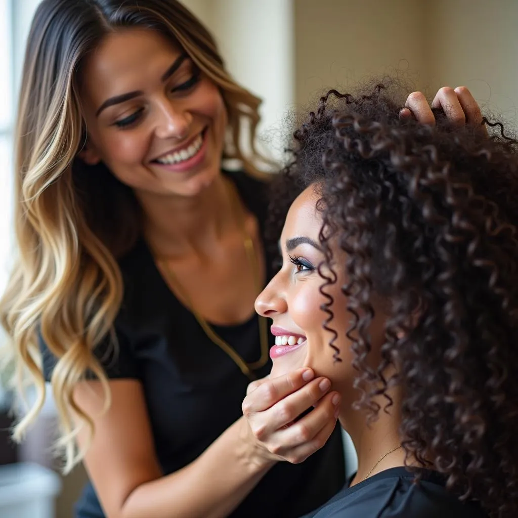 A hair stylist examining a client's hair in a Chennai salon