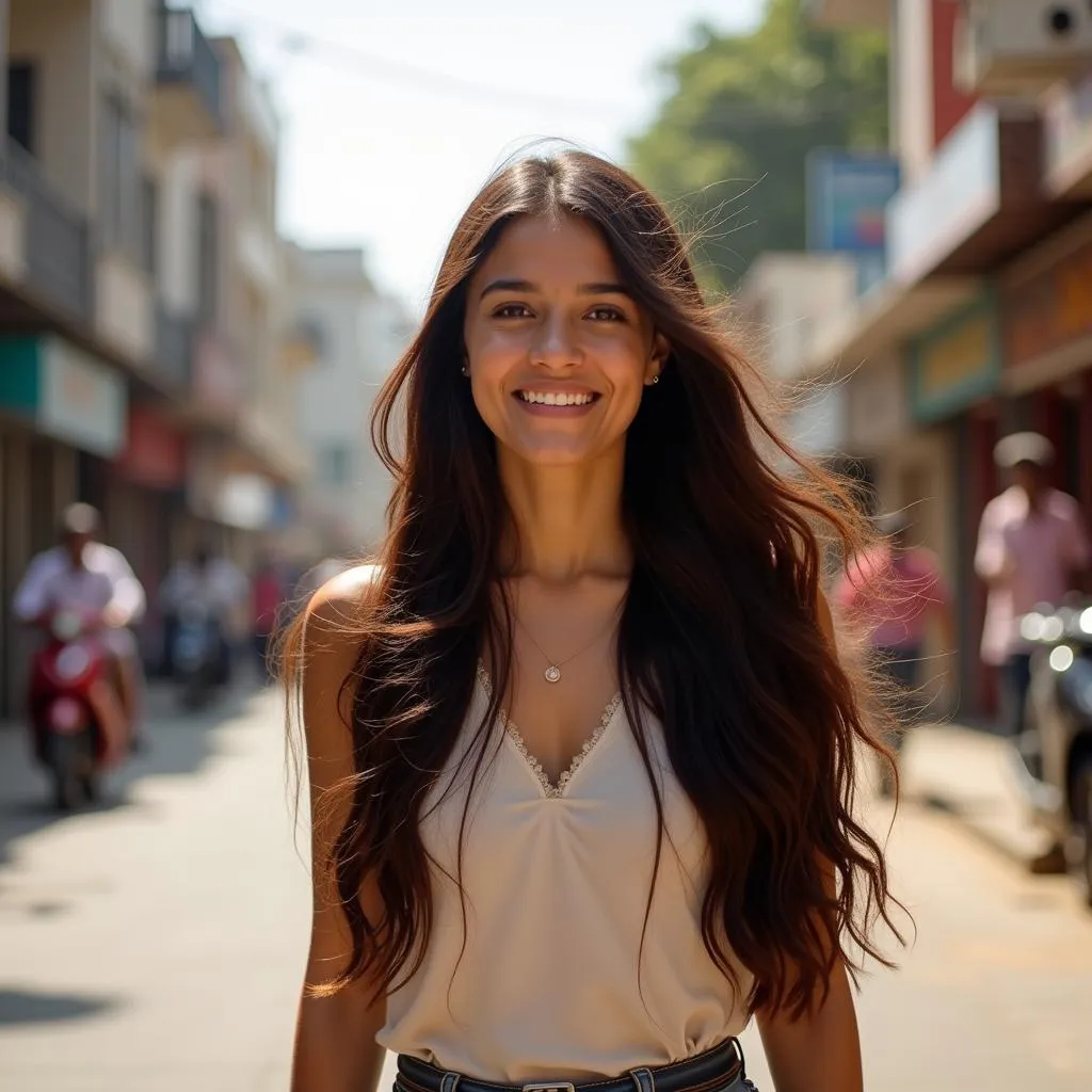 A woman with long, healthy hair smiling confidently in Chennai