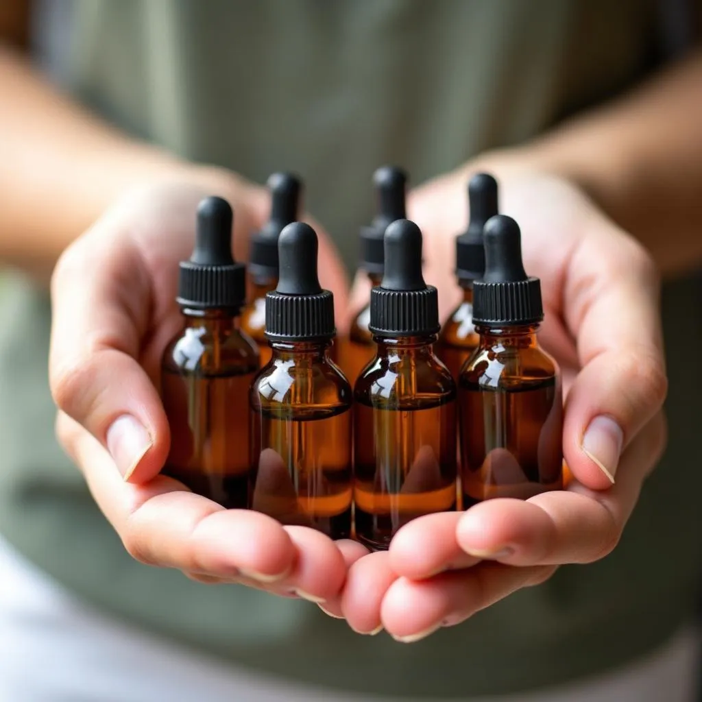 Close-up of hands gently holding bottles of aromatherapy oils