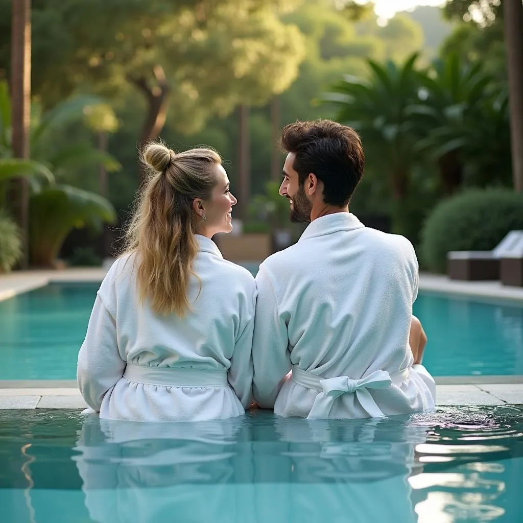 Couple relaxing by the pool at a spa hotel