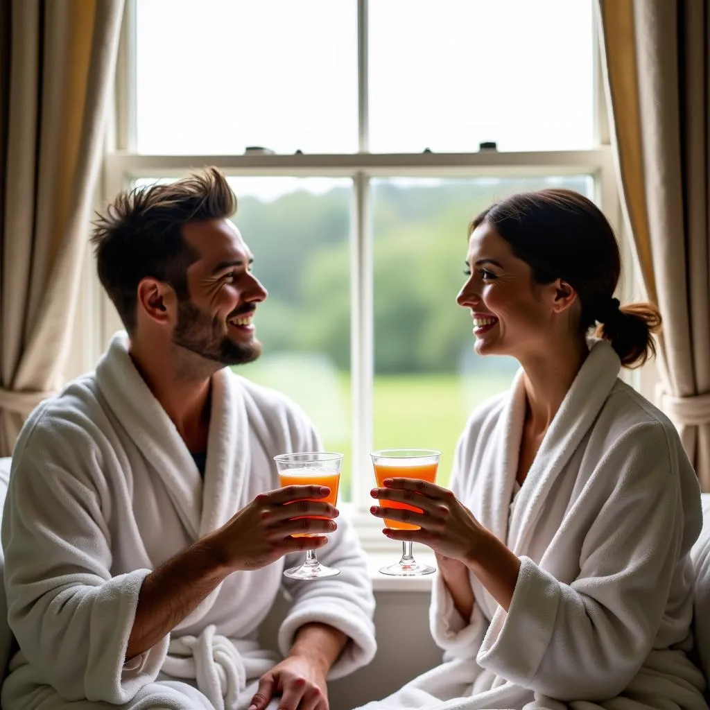 Couple relaxing in spa robes at an Oxfordshire hotel