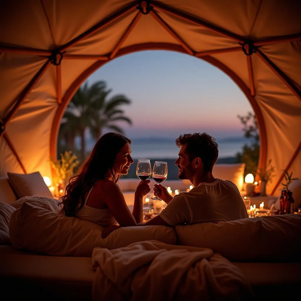 Couple Enjoying Wine in Abri Spa Dome