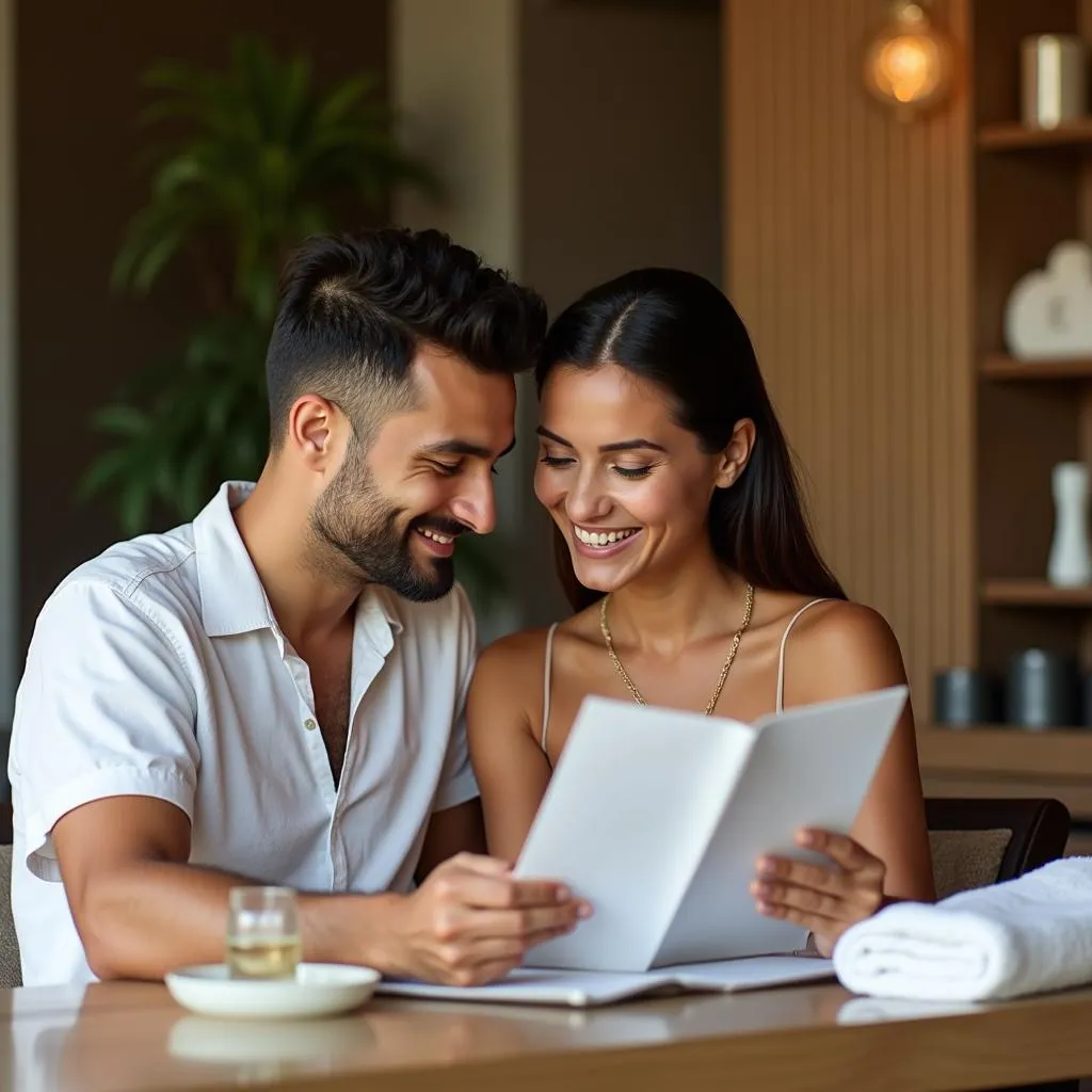 Couple browsing through spa packages in Bangalore