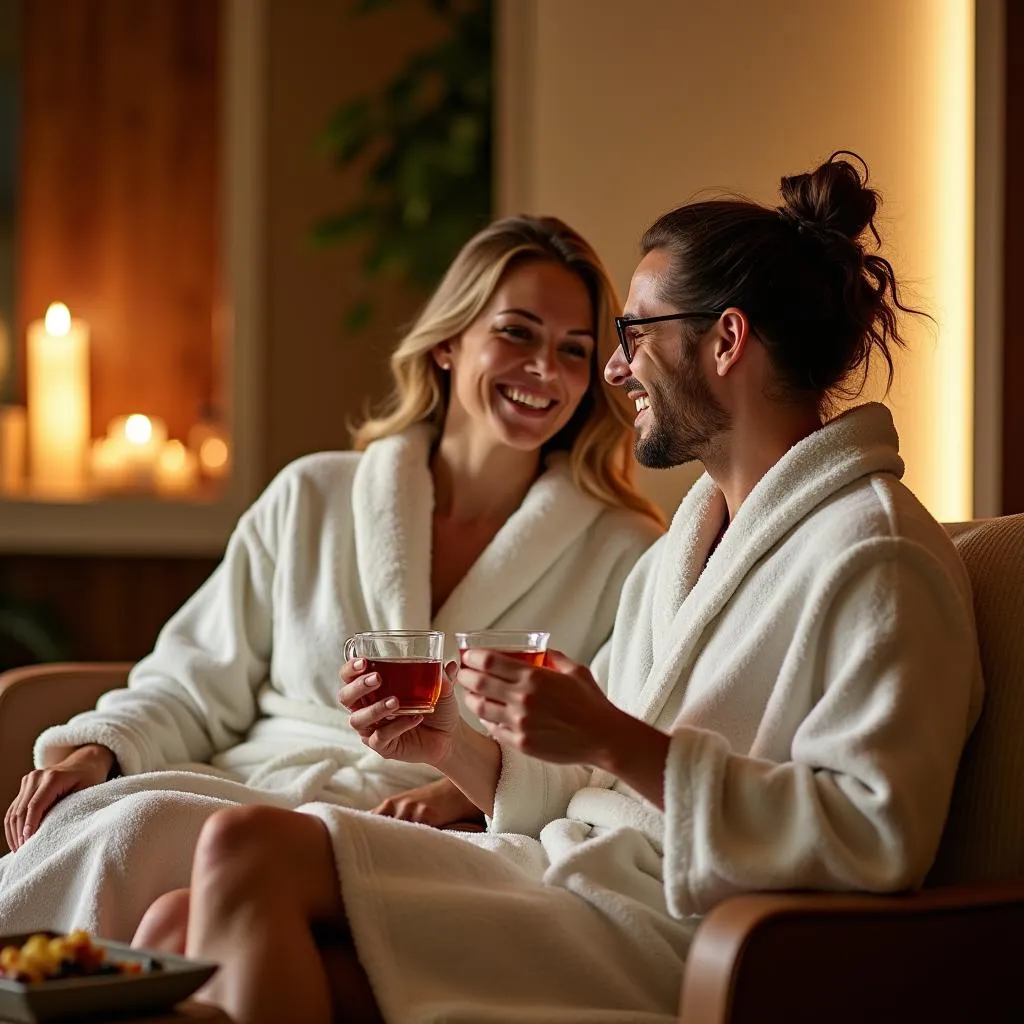 Couple unwinding in a peaceful spa agio lounge