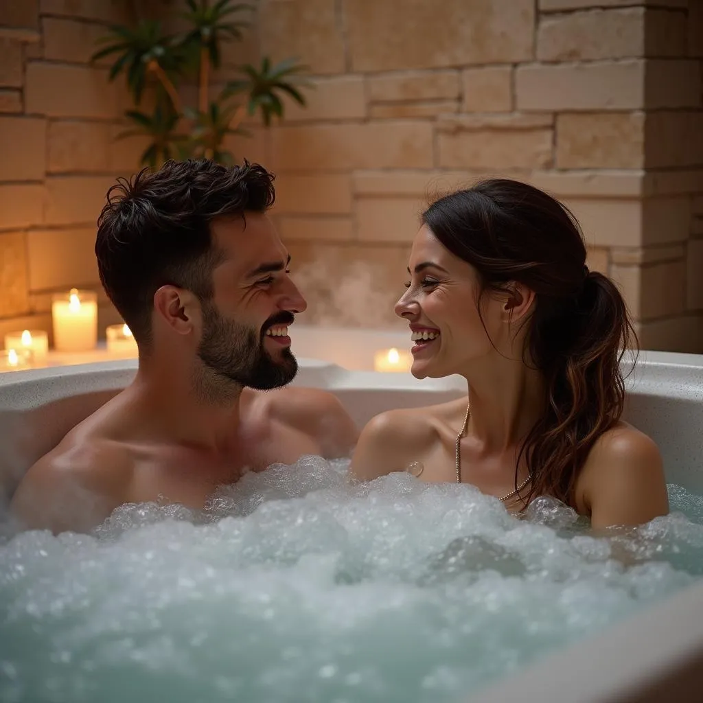 Couple relaxing together in a spa jacuzzi