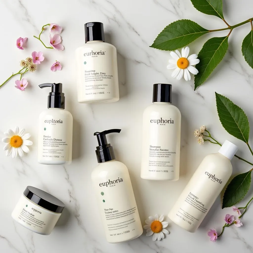 An assortment of bottles and jars containing various euphoria hair spa products.