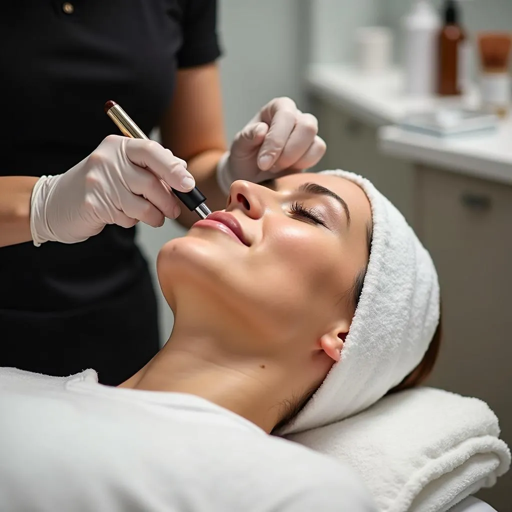 Close-up of a woman receiving a facial treatment at home