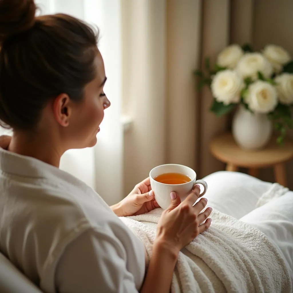 Woman relaxing with a cup of herbal tea after her spa treatment