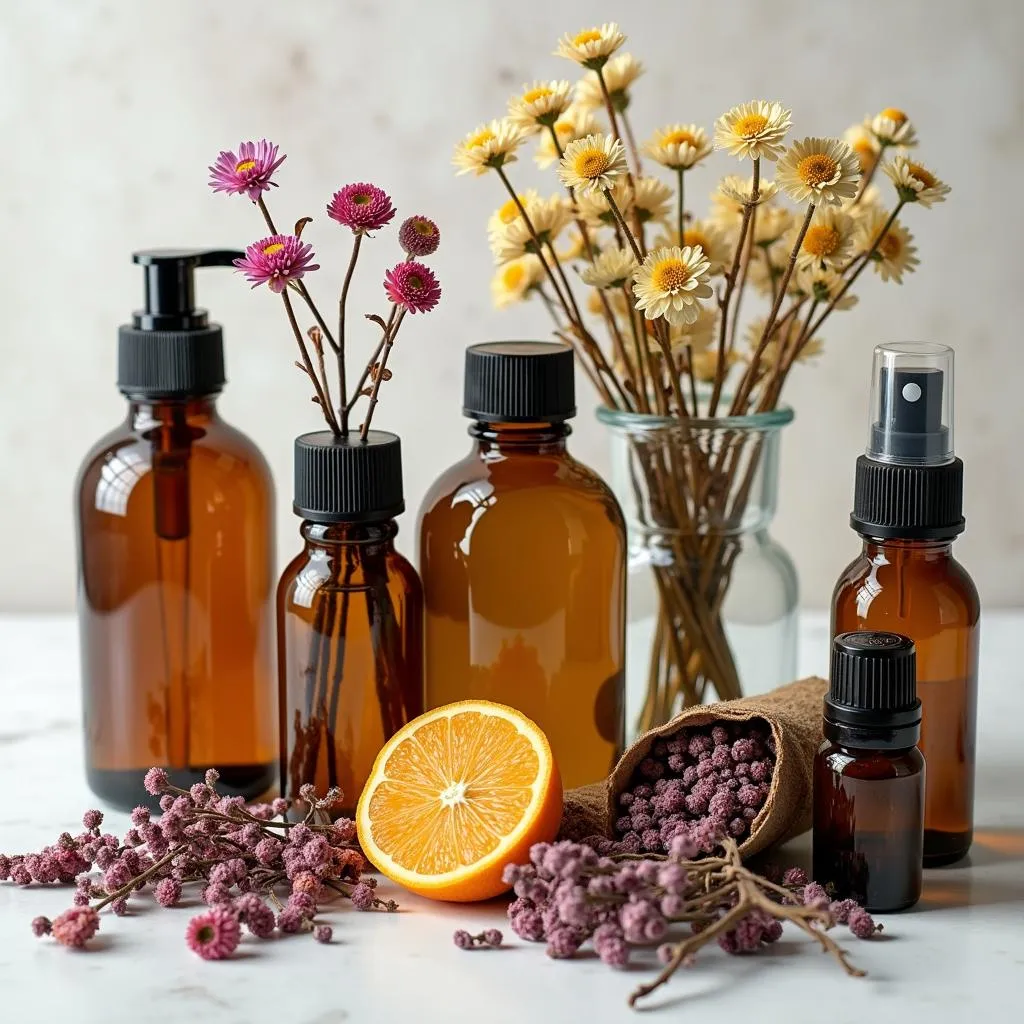 A collection of essential oils and natural ingredients used in aroma spa therapy