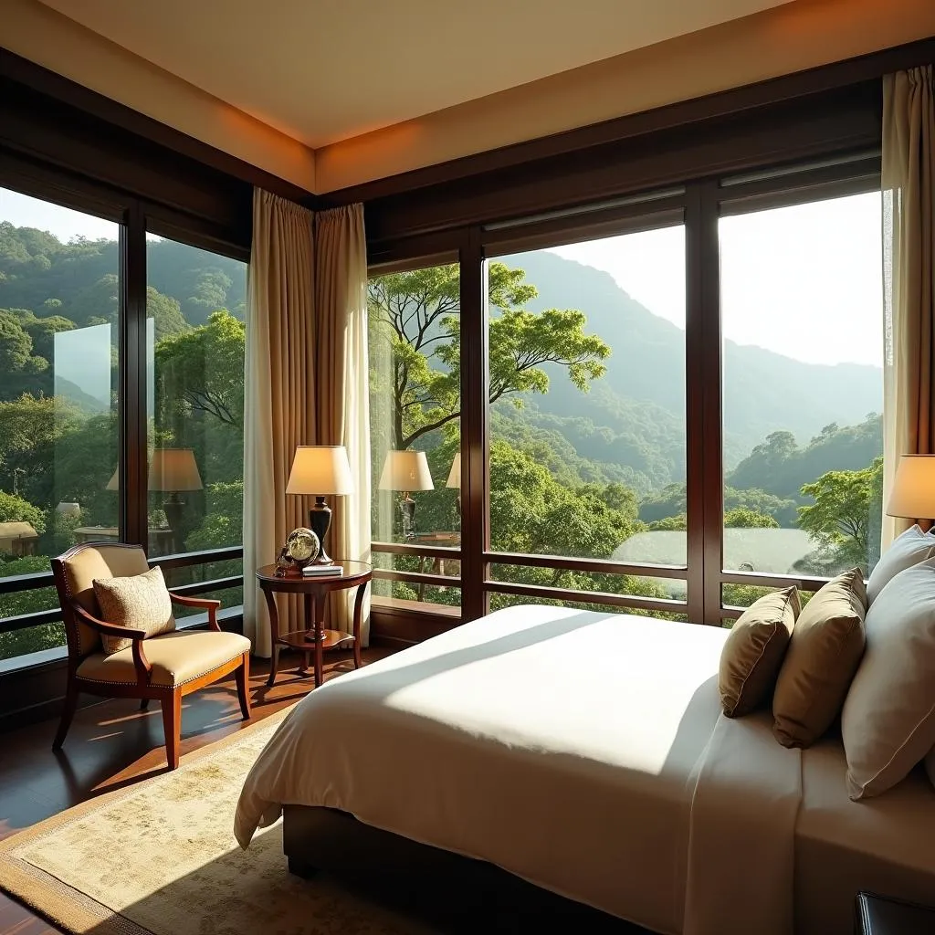 Luxurious resort room with panoramic views of lush greenery