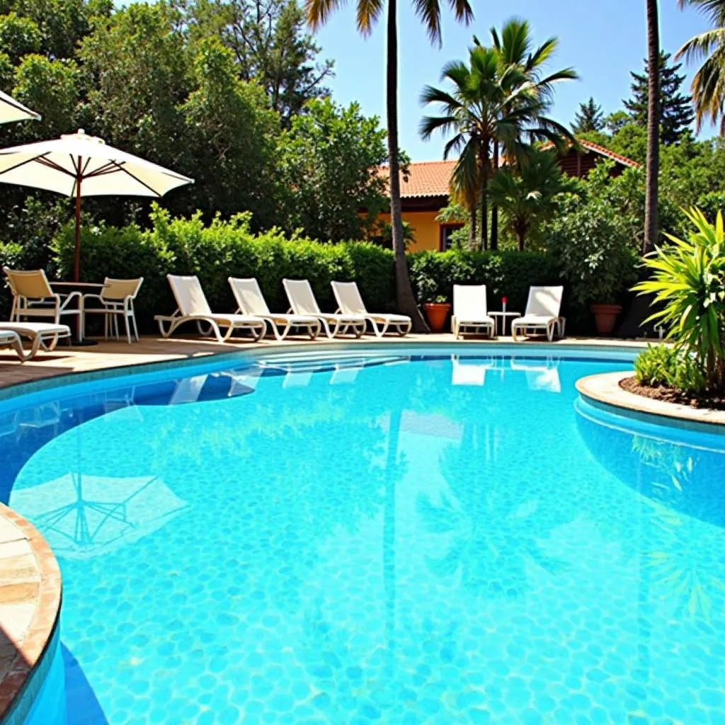 Crystal-clear swimming pool surrounded by sun loungers and tropical foliage