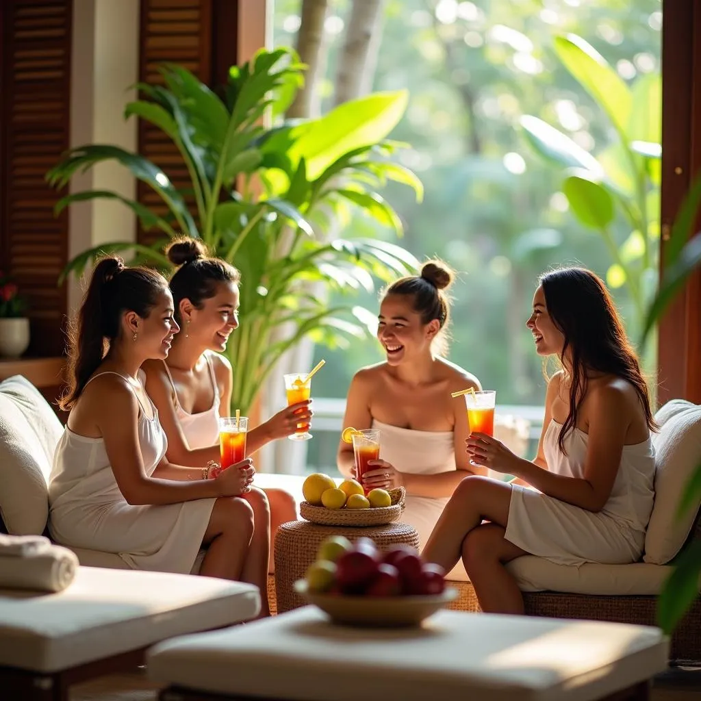 Family enjoying refreshments after spa treatments