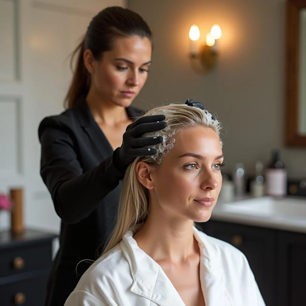 Skilled stylist performing a hair treatment on a client at Flaunt Salon &amp; Spa