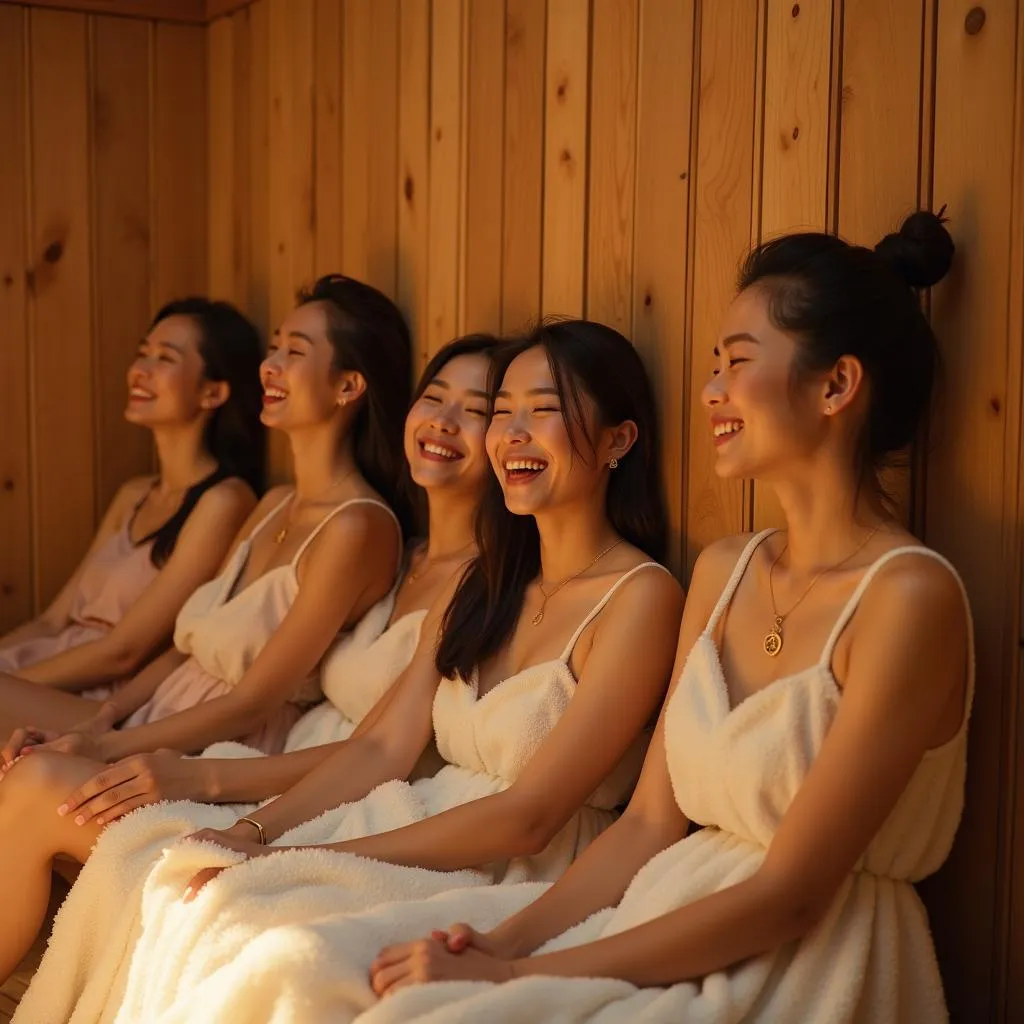 A group of friends smiles and laughs while enjoying the benefits of a traditional Korean sauna together.