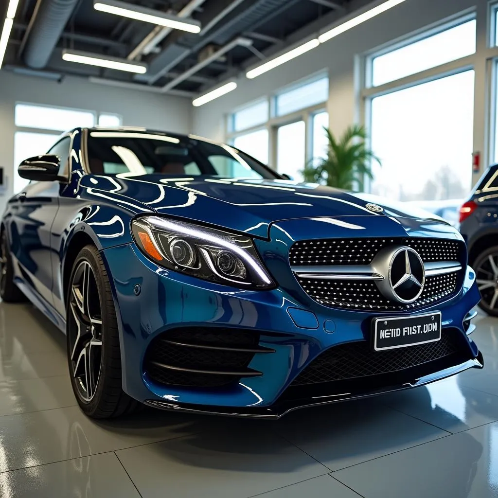 A spotless car gleams under the lights in a modern American auto spa