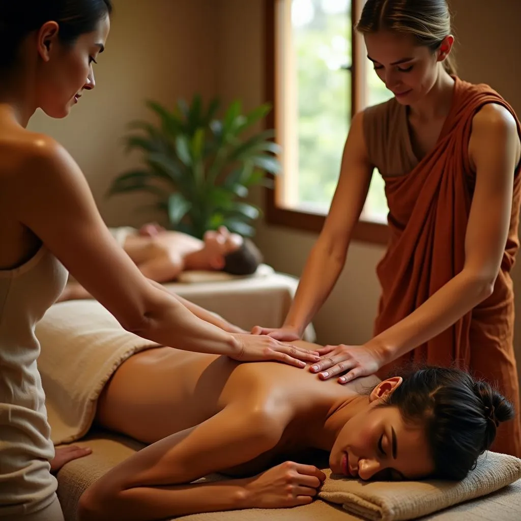 Two therapists performing a synchronized Ayurvedic massage on clients