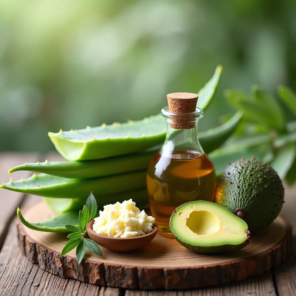 An assortment of natural hair care ingredients displayed on a table.