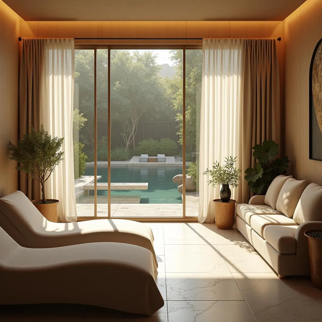 Tranquil relaxation lounge with comfortable seating and calming views in a Jaipur hotel spa