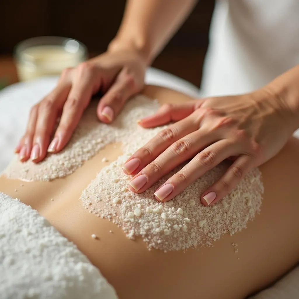 A therapist performing a traditional Korean body scrub treatment at Fiat Spa