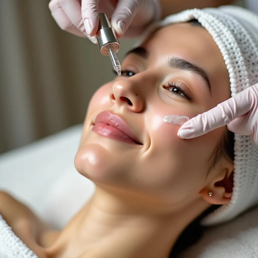 Close-up of a facial treatment being performed with Korean skincare products