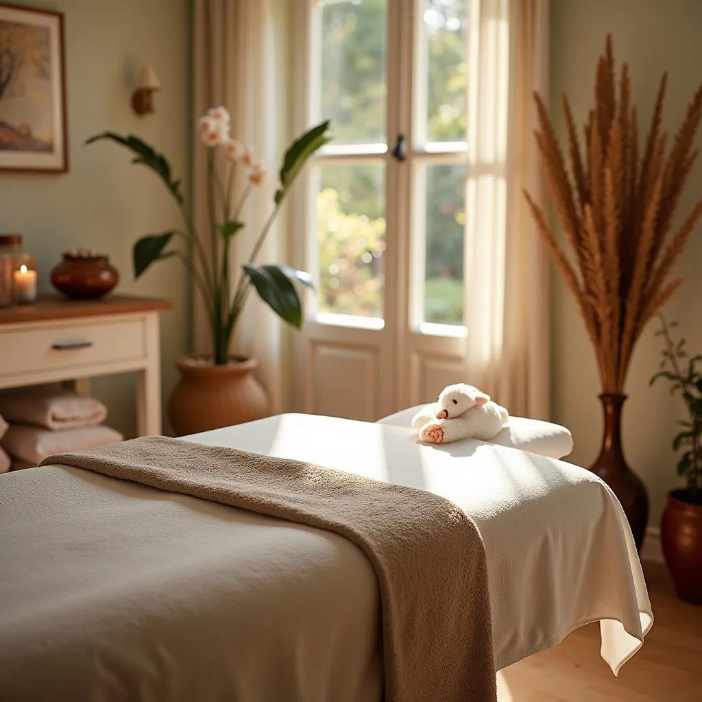 A peaceful massage room with a massage table and soft lighting