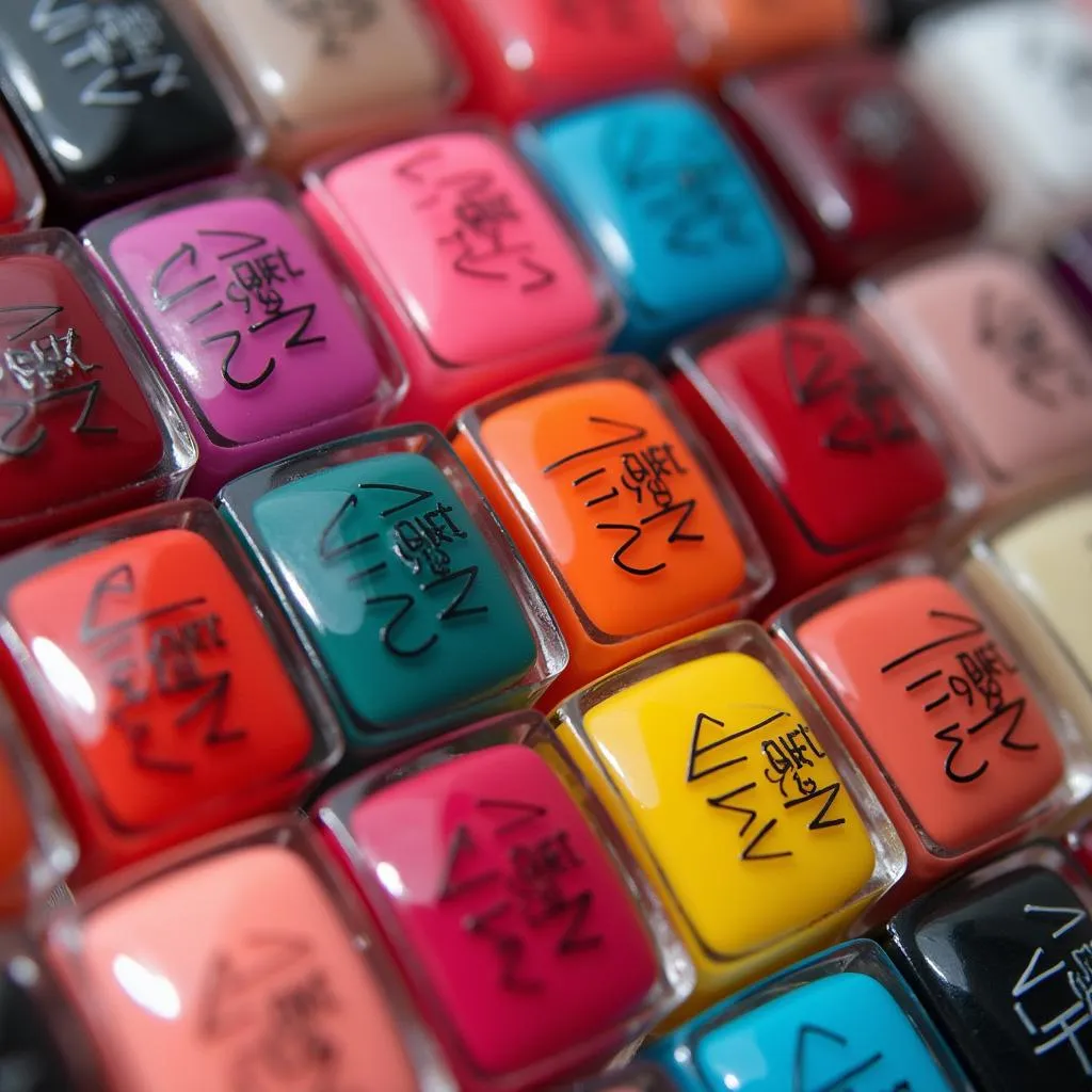  A wide array of colorful nail polish bottles neatly arranged.